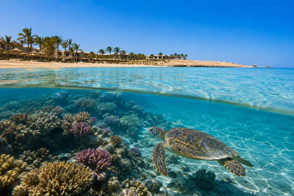 Spokojna zatoka w Marsa Alam z rafą koralową