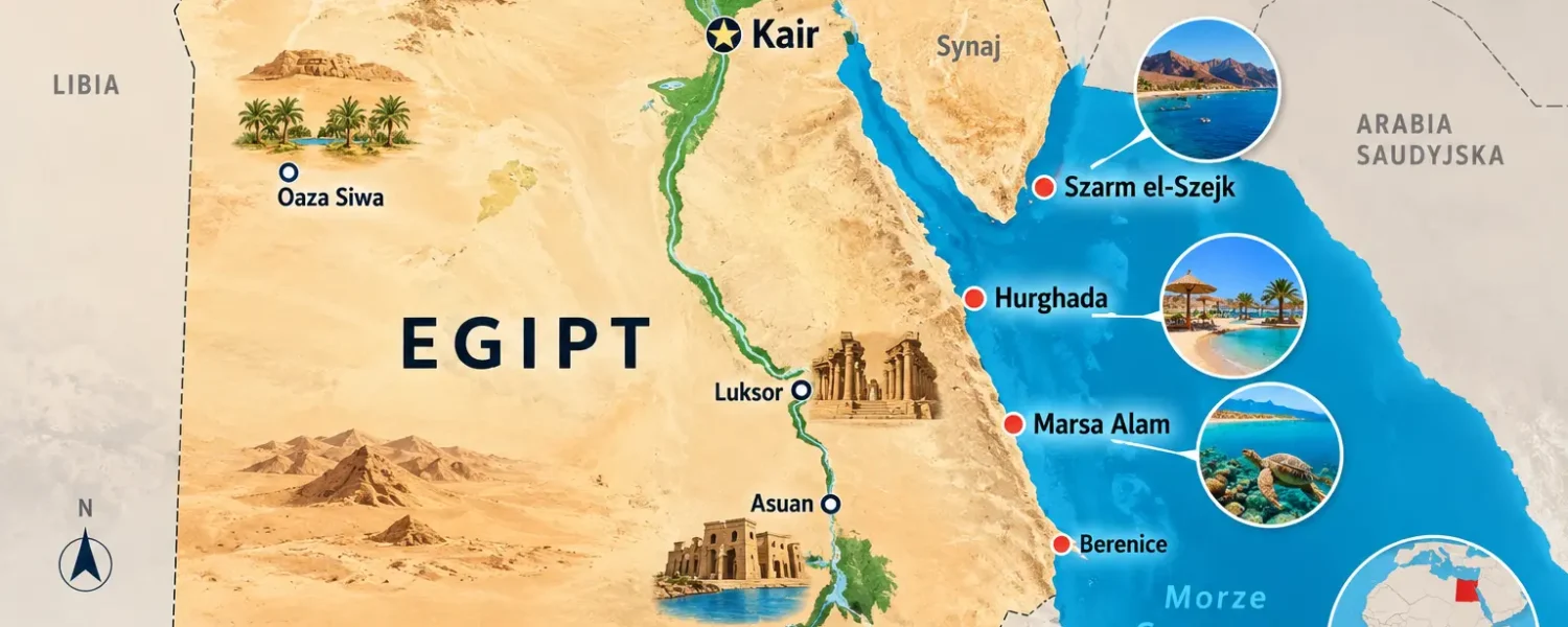 Mapa Egiptu z kurortami nad Morzem Czerwonym i Kairem