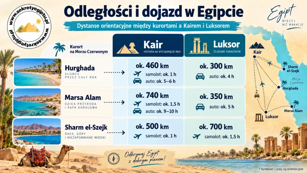 Grafika odległości między kurortami Egiptu a Kairem i Luksorem